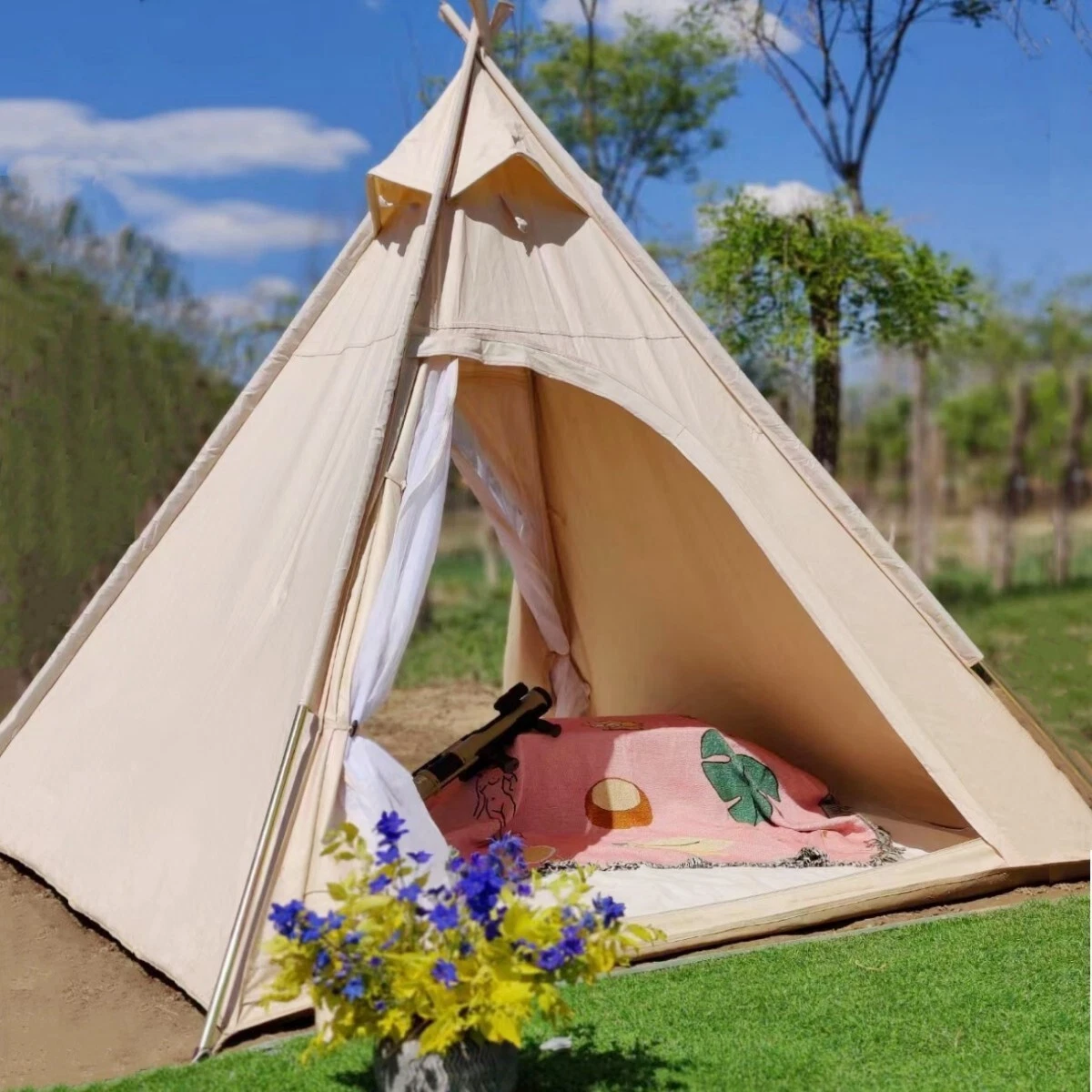 US Ship Outdoor 2M Canvas Camping Pyramid Tent Large Teepee Tent