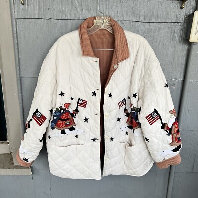 Vintage Patch Magic Group Quilted Jacket Women Large Christmas Santa USA