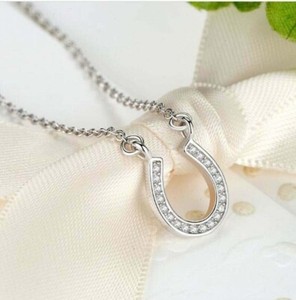 Authentic Round Cut Simulated Diamond Women's Horseshoe Pendant 14K White Gold Plated.
