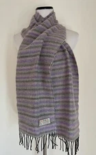 PASHMINA Cashmere Striped Scarf Purple Lavender & Gray With Black Fringe Soft
