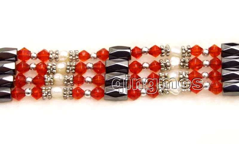 4-5mm White Natural Pearl Bracelet for Women with Red Crystal & Hematite 30'' - Image 4 of 4