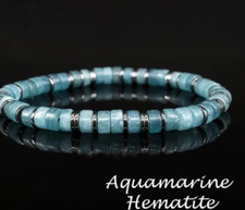 Natural Aquamarine Hematite Beaded Crystal Healing Reiki Stretch Women Bracelet