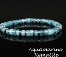 Natural Aquamarine Hematite Beaded Crystal Healing Reiki Stretch Women Bracelet