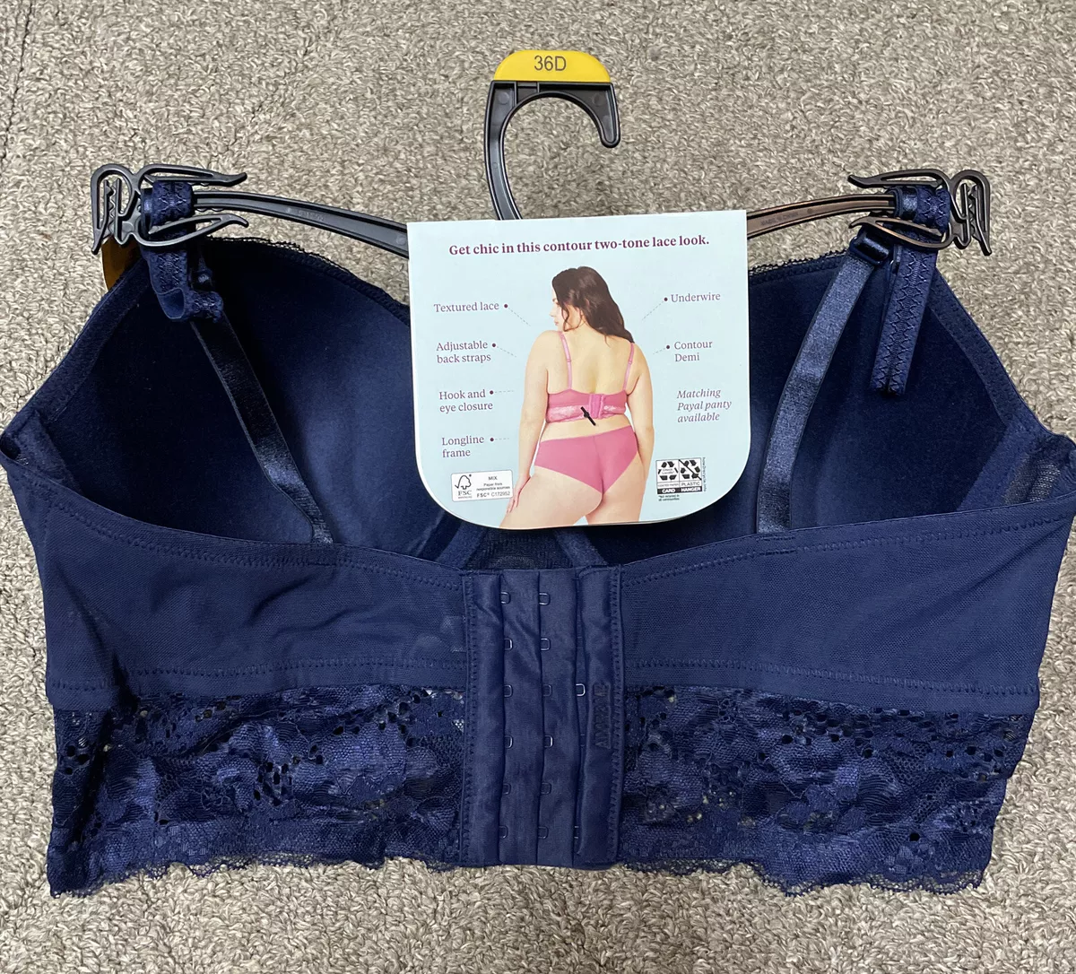 NWT Womens Adored Adore Me Payal LongLine Demi Navy Blue Lace Bra Size 36D