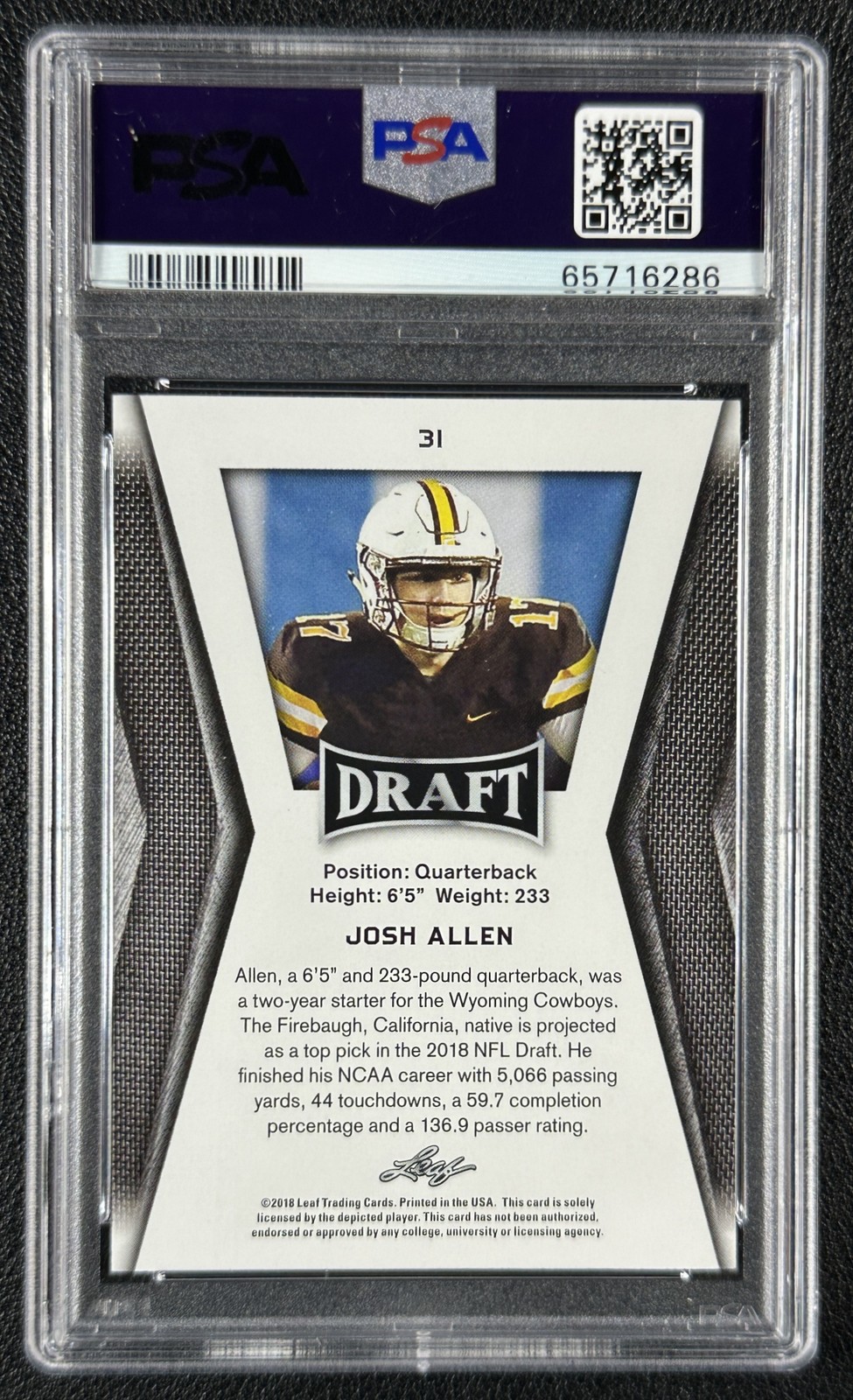 JOSH ALLEN PSA 10 2018 LEAF DRAFT #31 ROOKIE GOLD RC 6286 view 2