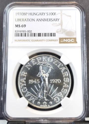 1970 HUNGARY SILVER 100 FORINT LIBERTATION ANNIVERSARY NGC MS 69 RARE TOP POP 1