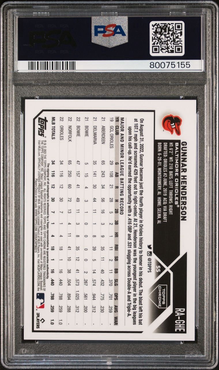 2023 Topps Chrome Gunnar Henderson Orange Wave RC Auto /25 PSA 10 view 2