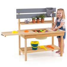 Costway Outdoor Mud Kitchen for Kids, Wooden Kitchen Playset with Extended
