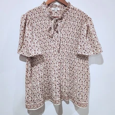 Max Studio Ivory Floral Wrinkled Tied Ruffle Neck Blouse Size Large Boho Career