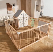 Natural Wood Baby Playpen Adjustable Shape Foldable Play Yard with Door Panel