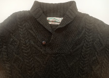 Aran Crafts Merino Wool Dark Green Shawl Collar Fisherman Cable Knit Sweater MD