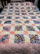 Pink Blue Crown PatchworkPattern Homemade Queen/Full Size Quilt Cotton 69 X 80
