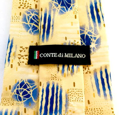 Vintage Conte Di Milano Abstract Silk Tie Yellow Blue 4'' x 60'' Made In USA