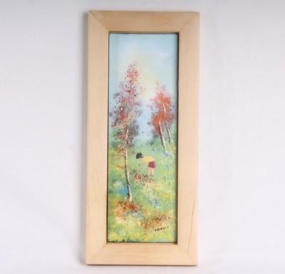 Louis Cardin Enamel on Copper Framed - IMPRESSIONIST -  BOY IN ORCHARD WOODS