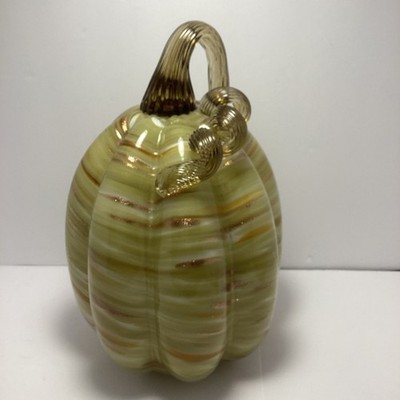 Beautiful Large Amber Opaque Swirl Art Glass Pumpkin with Curly Stem 9  Tall