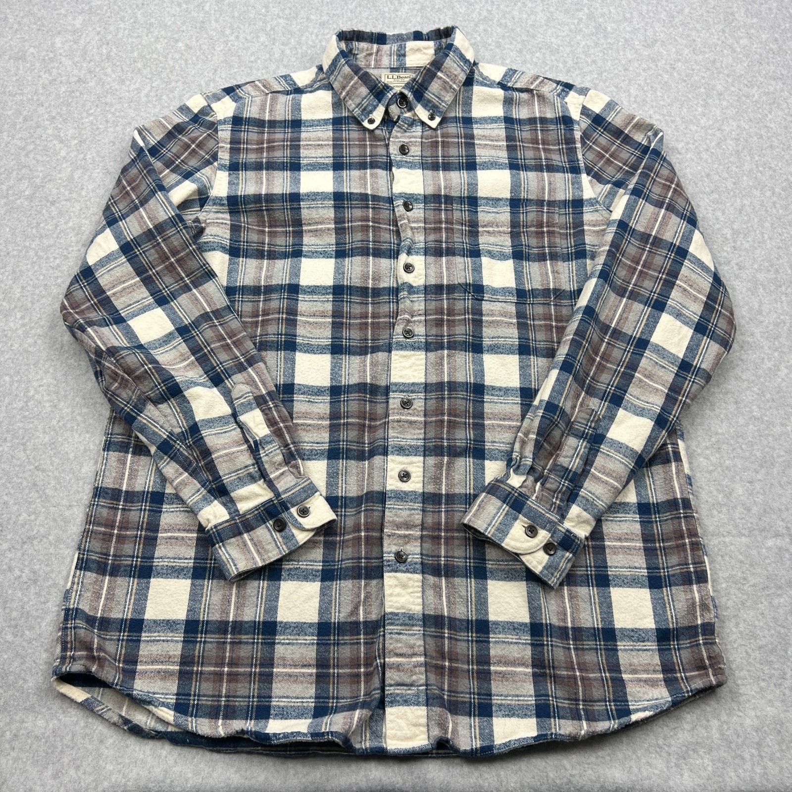 LL Bean Shirt Mens Large Tall LT Blue/Brown Plaid Flannel Traditional Button Up