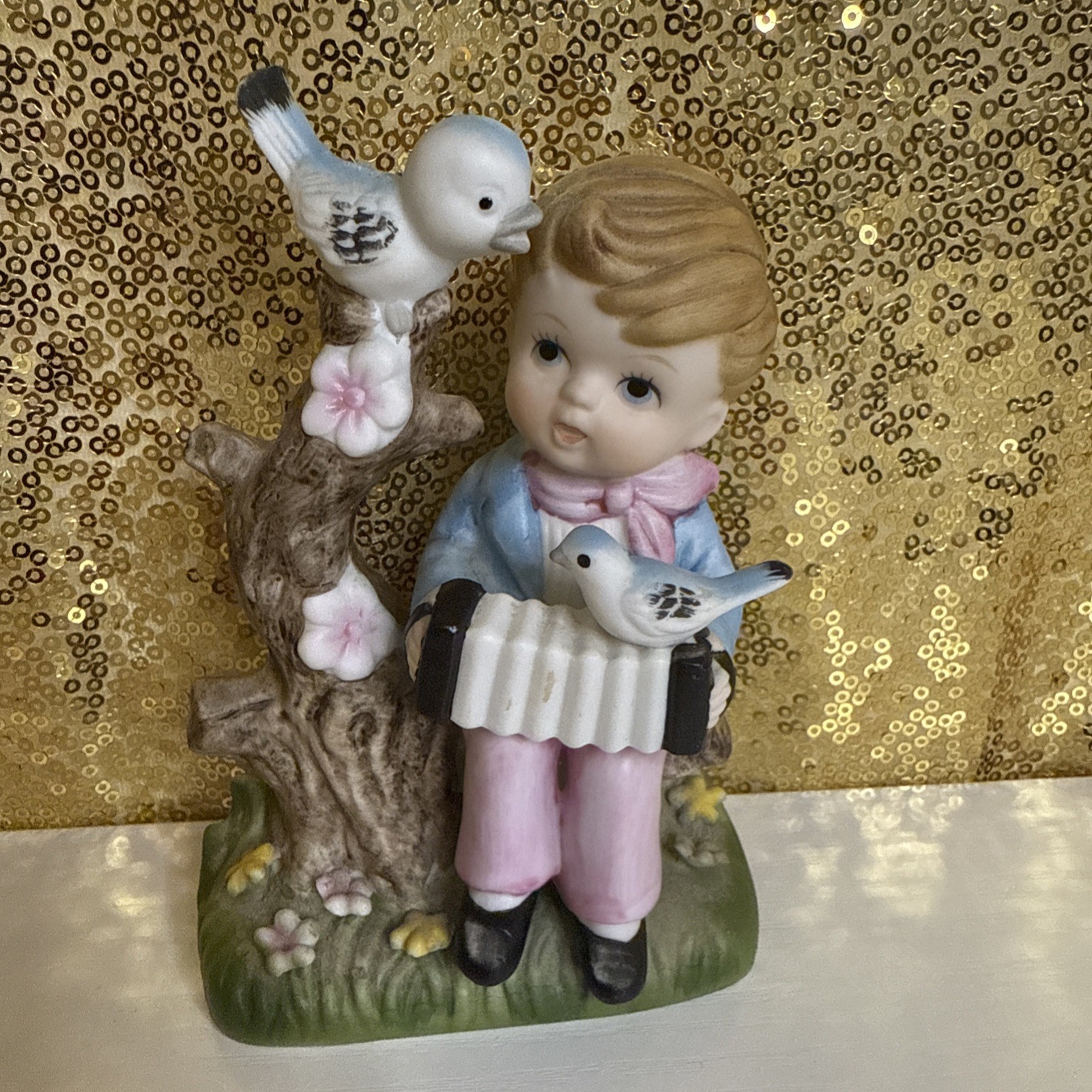 Vintage Porcelain Figurine Boy Playing Accordion Made In Taiwan 4.5 Inches Tall