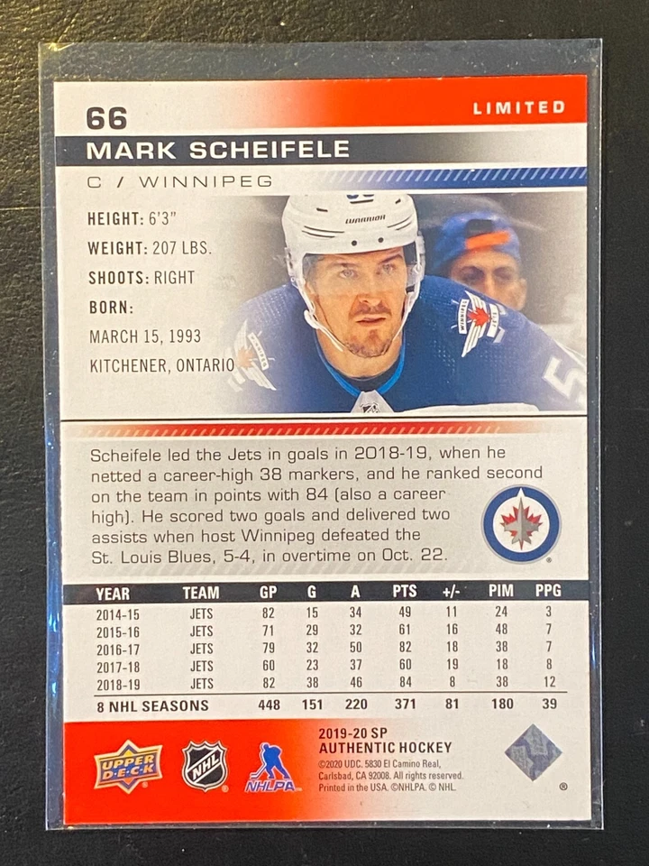 Mark Scheifele 2019-20 SP Authentic Limited RED #66 Winnipeg Jets - Image 2 of 2