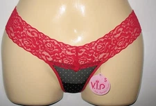 V.I.P - NEW -  SMALL - SHEER BLACK POLKA DOT WITH RED LACE TRIM  THONG  PANTY 