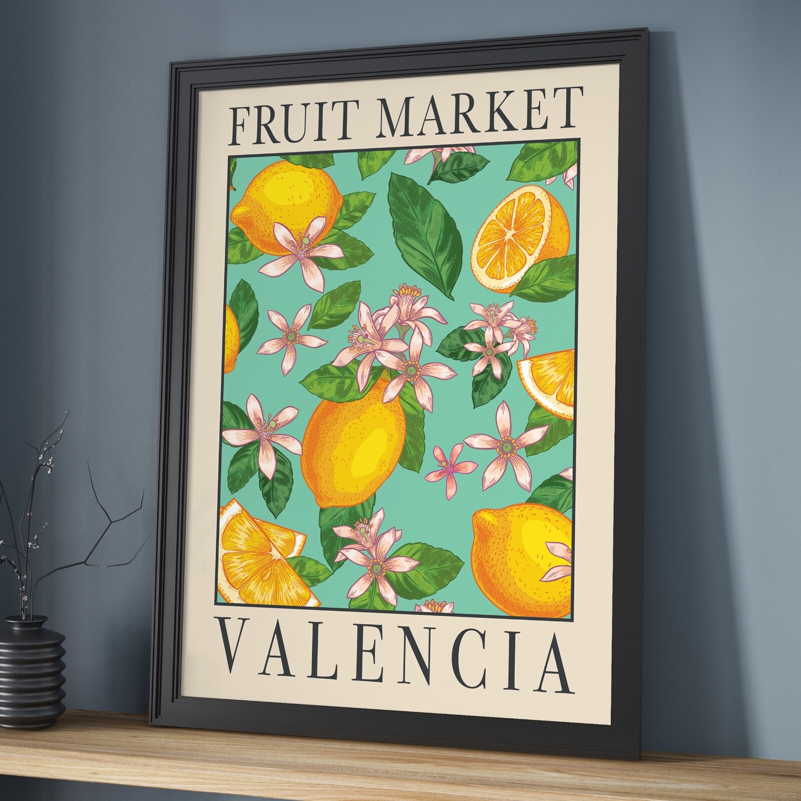 Estampado artístico del mercado de frutas de Valencia, arte de pared de cocina, estampado artístico limón, decoración del hogar