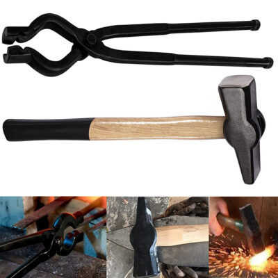 Blacksmith Forging Tools V-Bit Bolt Tongs (17'') & Hammer for Anvil Knife Making