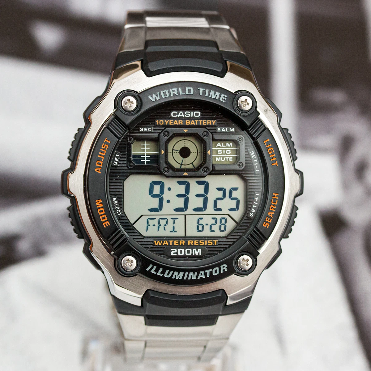 Casio Men&#039;s 200M WR Alarms World Time Watch 10 Year Bnd AE2000WD-1AV New | eBay