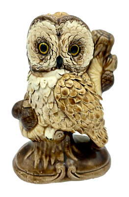 Vintage 6'' Ceramic Owl Figurine Brown Glaze Raised Feather Texture Decor