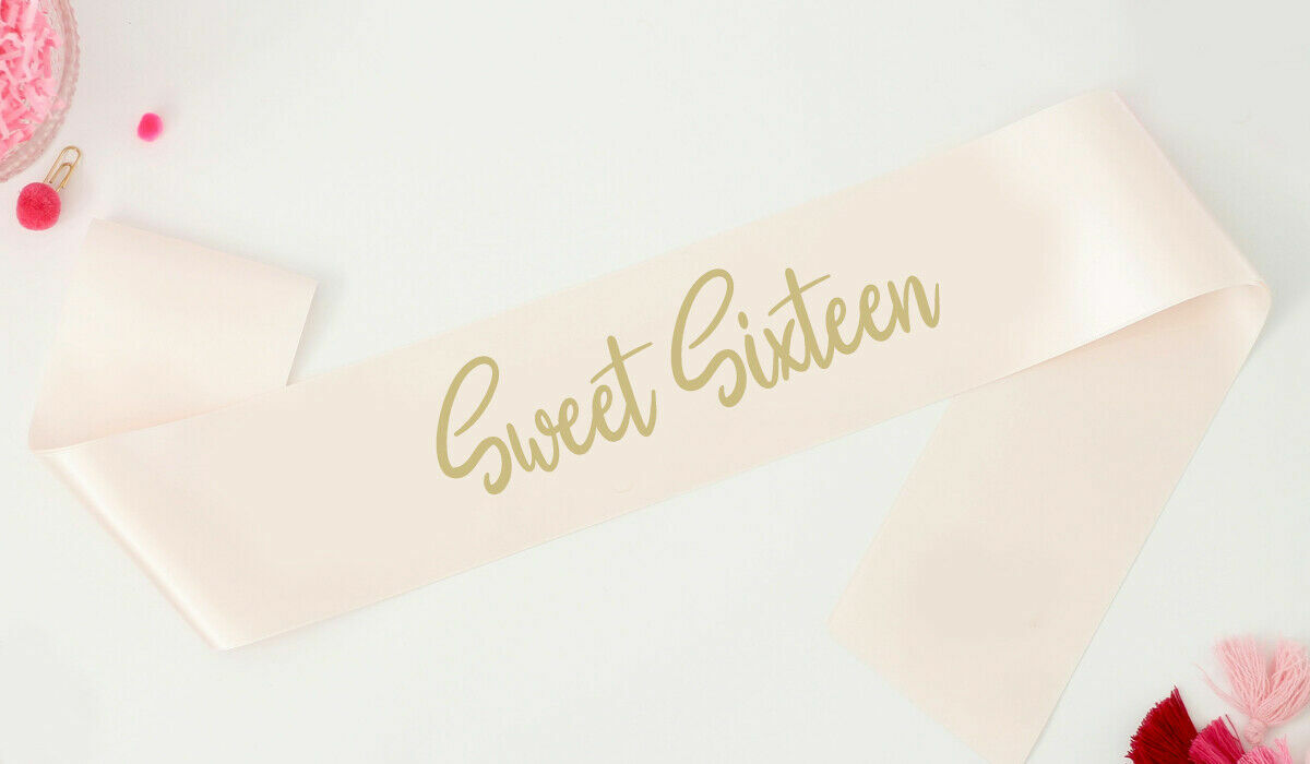 Sweet Sixteen Birthday Sash - Rose Gold - Metallic Gold Text - 16 16th Gift