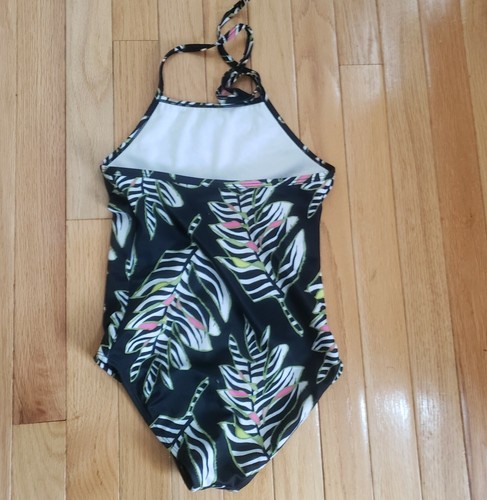 Gymboree Girls Bathing Suit One Piece Black Tropical Leaf Print Halter M 7-8 - Picture 4 of 6