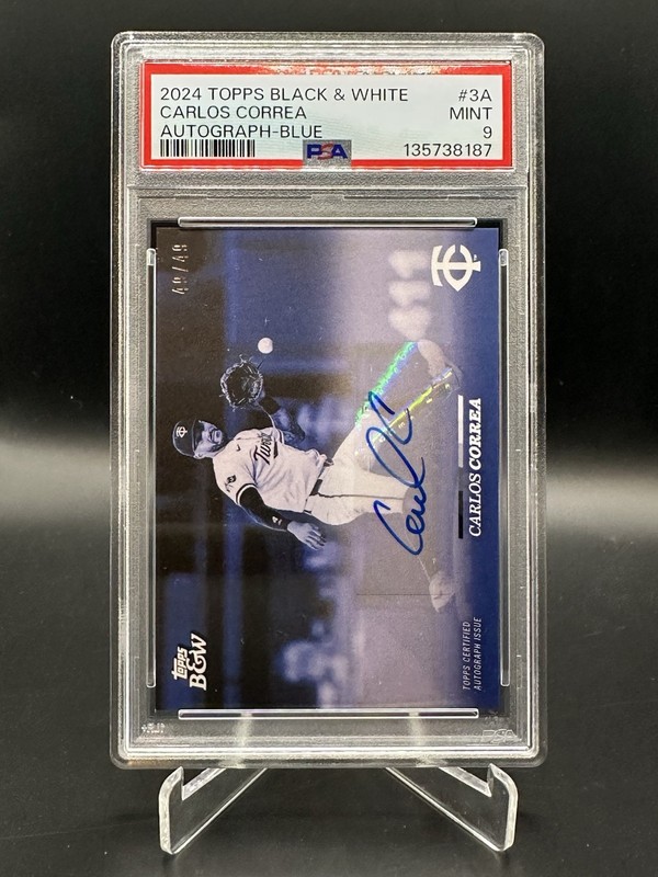 2024 Topps Black and White Carlos Correa 3-A Auto Blue /49 Minnesota Twins PSA 9