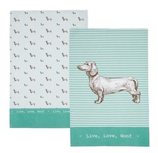 KitchenCraft Tea Towels Pack 2 - 100% Cotton Dish Towels Dachshund Dog Themed