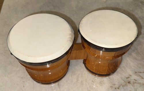 Vintage 1970s Two Tone Wooden Lap Drum Combined Bongos