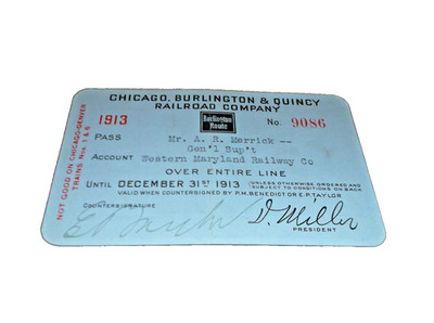 1913 CHICAGO BURLINGTON & QUINCY CB&Q EMPLOYEE PASS #9086 WESTERN MARYLAND