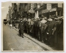 Vintage 1928 BOWERY Soup Kitchen NYPD Cop Paces Line of Jobless Men NYC Photo