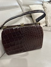 Genuine Alligator Crocodile Skin Brown Top Handle Frame Purse Handbag 1950s