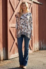 LOGO Lori Goldstein Tunic Top Womens Large Floral Artsy Lagenlook Shark Bite Hem