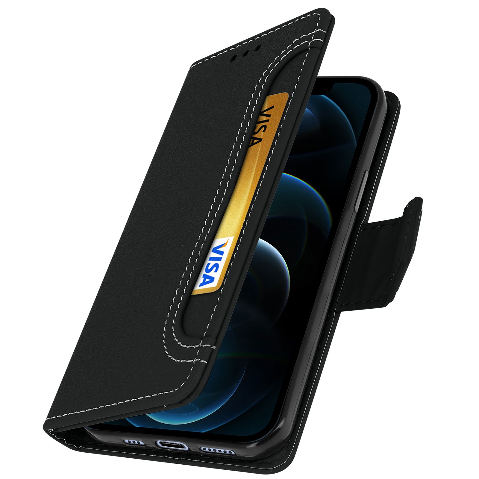 Coque à Rabat iPhone 12 Avizar portefeuille noir avec support vidéo horizontal intégré
