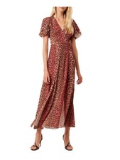 FRENCH CONNECTION Womens Brown Tie Unlined Flutter Sleeve Faux Wrap Dress 2