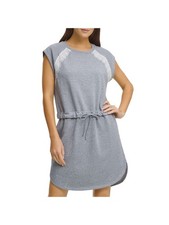 DKNY Womens Gray Lace Drawstring-waist Cap Sleeve Crew Neck Short Shift Dress XS