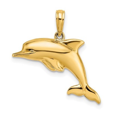 14k Gelbgold mit Rhodium 3-D wendbarer gepuffter Delfin Charm