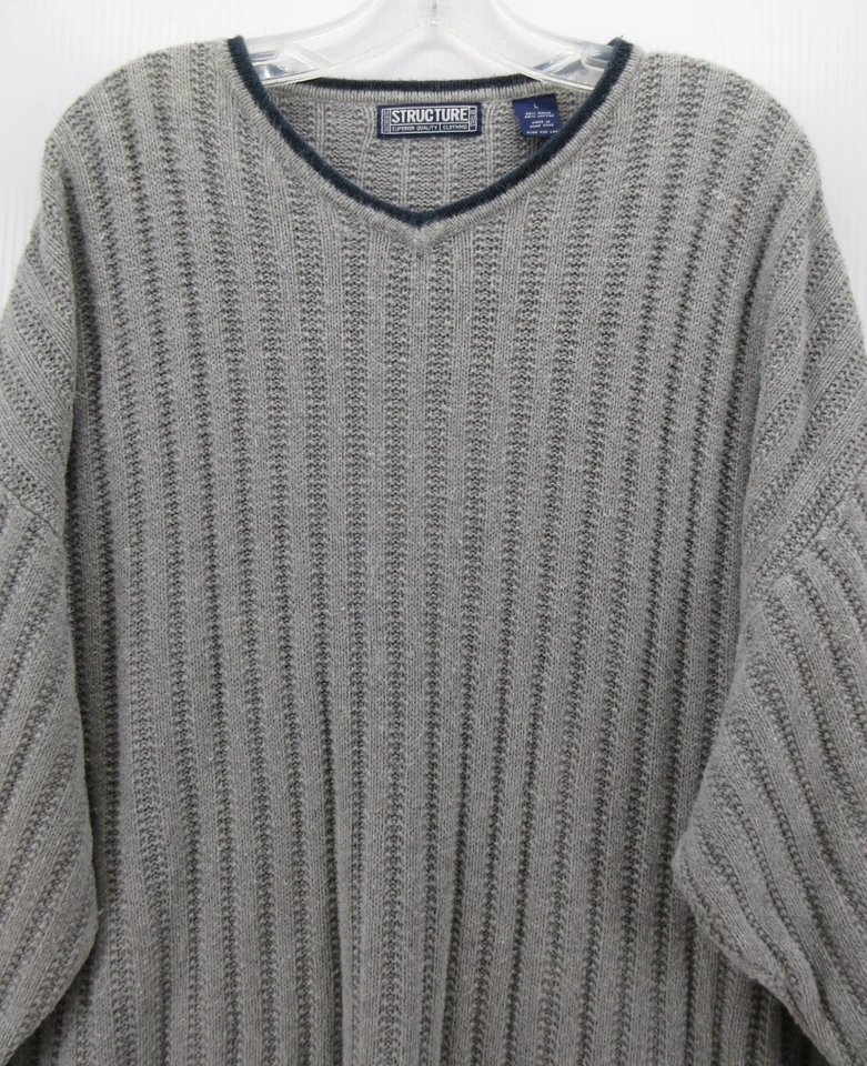 VINTAGE Structure Sweater Men Large Gray Pullover Ribbed Chunky 90s V-Neck * - Image 2 of 4