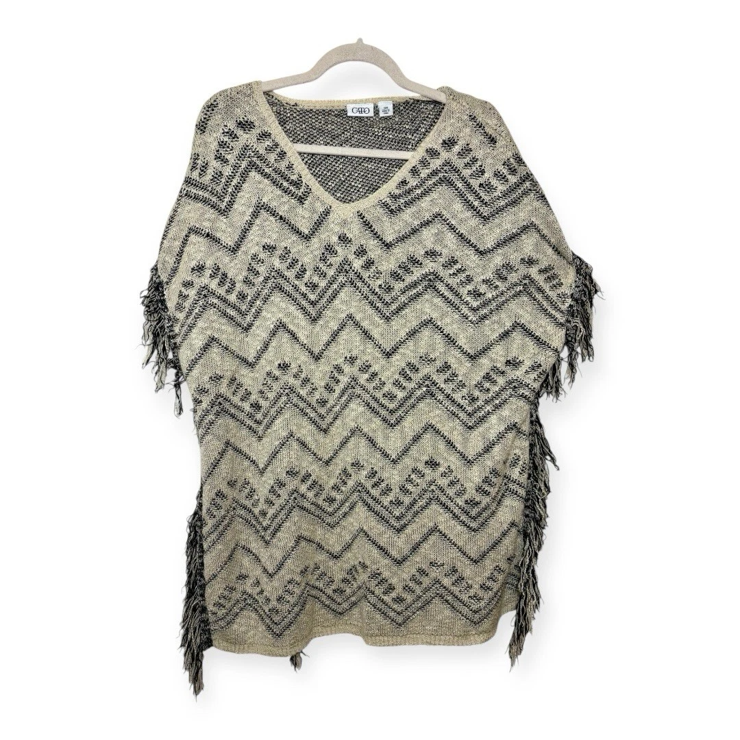 Cato Black Beige Chevron Fringe Knit Poncho Boho Western Artsy Oversized S/M