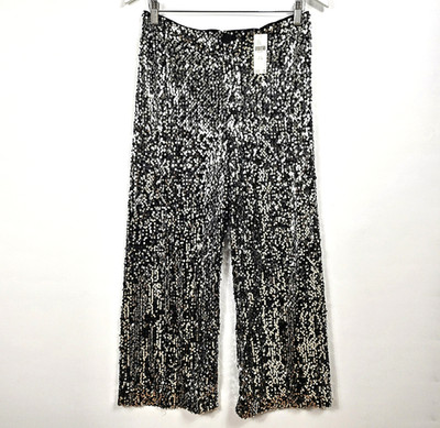 Anthropologie Colette Maeve Cropped Pailletten weites Bein Hose schwarz silber 28 neu mit Etikett