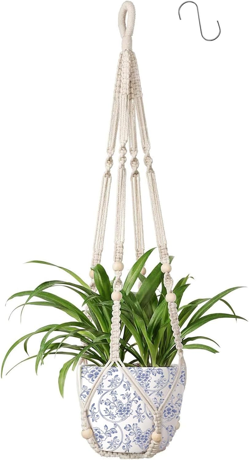 Macrame Plant Hanger Indoor Cotton Rope Hanging Planter Basket Wood Beads