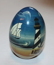 Resin Painted Egg Sailboat Lighthouse Ocean Scene 4.25 Inch Beach Nautical Decor