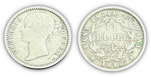1840 Argento 1/4 Rupia Leggenda Divisa Victoria Queen Compagnia delle Indie Orientali - Foto 1 di 3