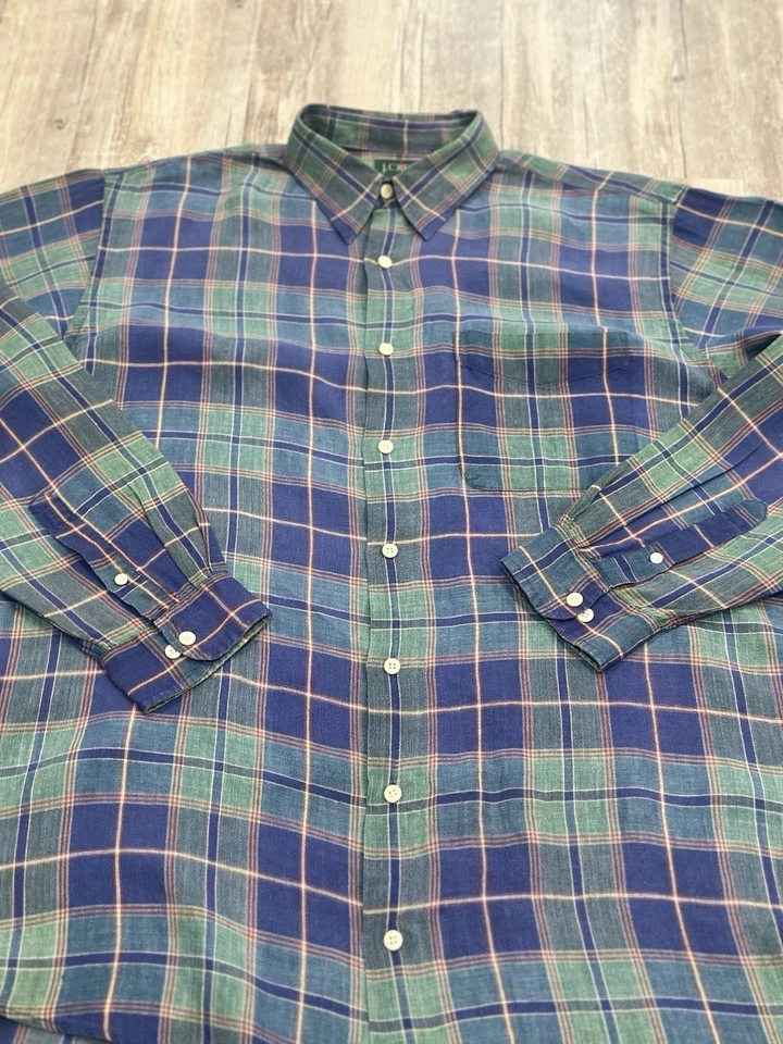 Vintage J Crew Oarsman 100% Linen Shirt Men Large - Tall Plaid Blue Green - Image 4 of 4