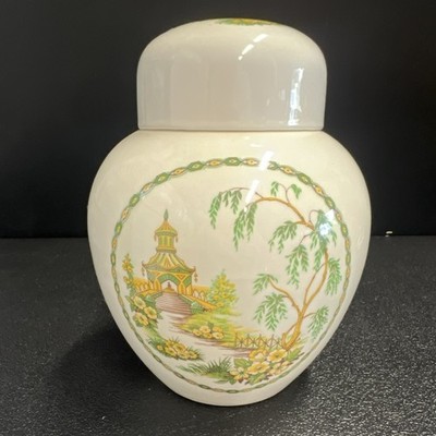 Handmade Ceramic Lidded Jar Pagoda Scene 6 Inch 1974 Vintage Asian Decor