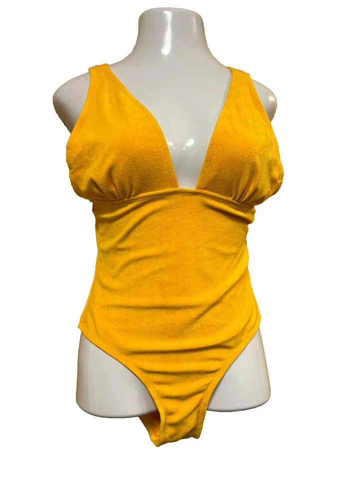 Traje de baño Juicy Couture dorado rizo triángulo de una pieza logotipo cosido metálico talla M Foto 2 de 4