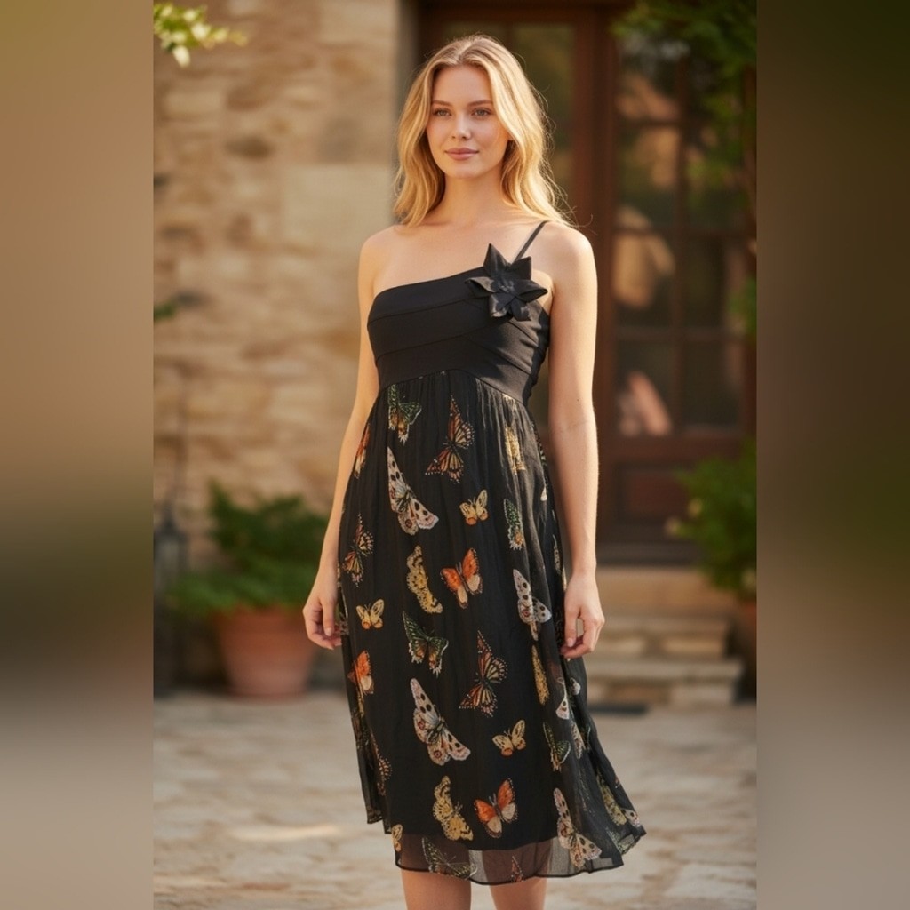 NWT Max Studio Specialty Products Black Butterfly Silk One-Shoulder Mini Dress NWT Max Studio Specialty Products Black Butterfly Silk One-Shoulder Mini Dress